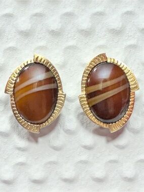 Sarah Coventry Brown Cabochon Earrings Tigereye Tiger Eye Stripe